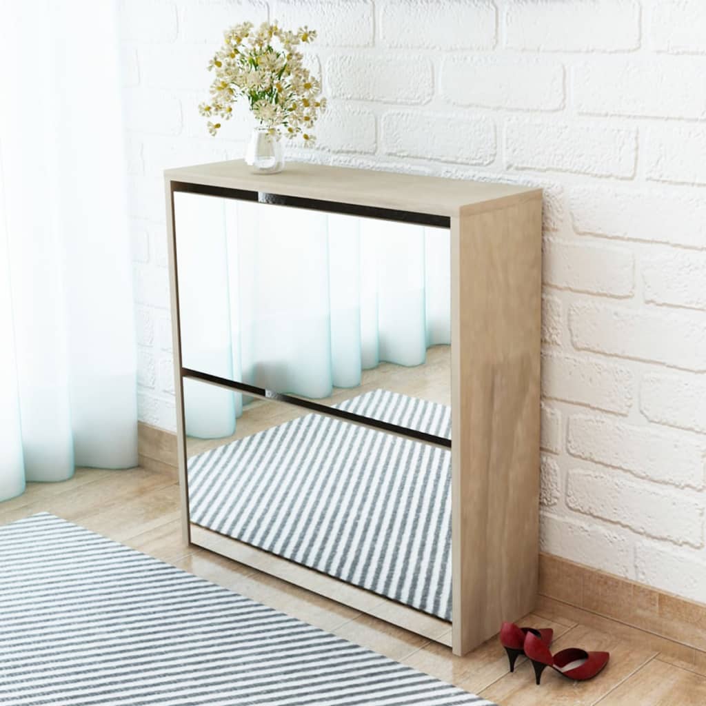 vidaXL Batų dėžė, 2 lygių su veidrodžiais, ąžuolo spalvos, 63x17x67 cm