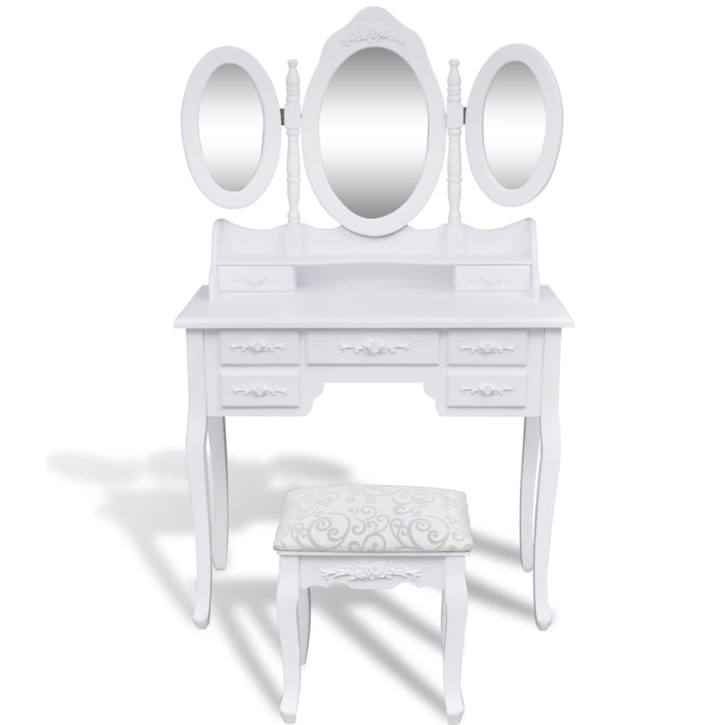 vidaXL Kosmetinis staliukas su kėdute ir 3 veidrodžiais, baltas