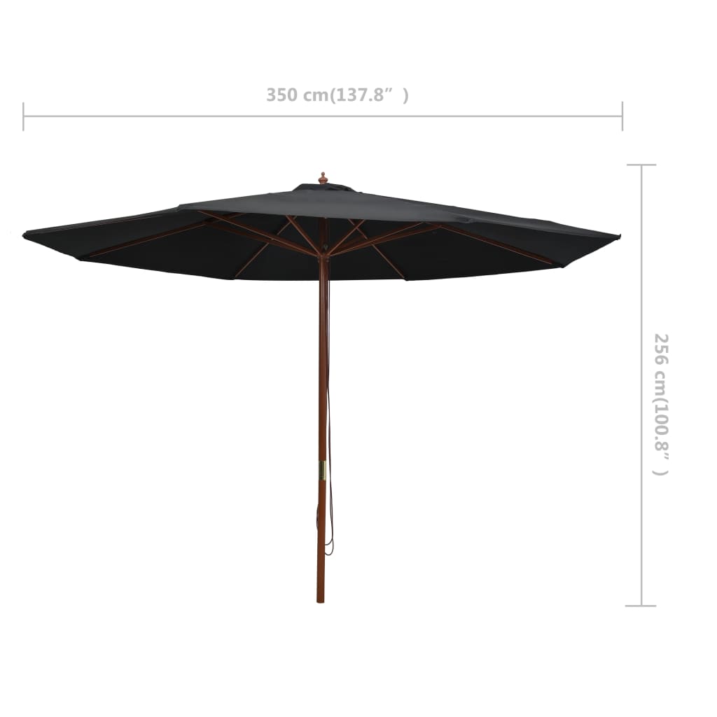 vidaXL Lauko skėtis su mediniu stulpu, juodos spalvos, 350cm