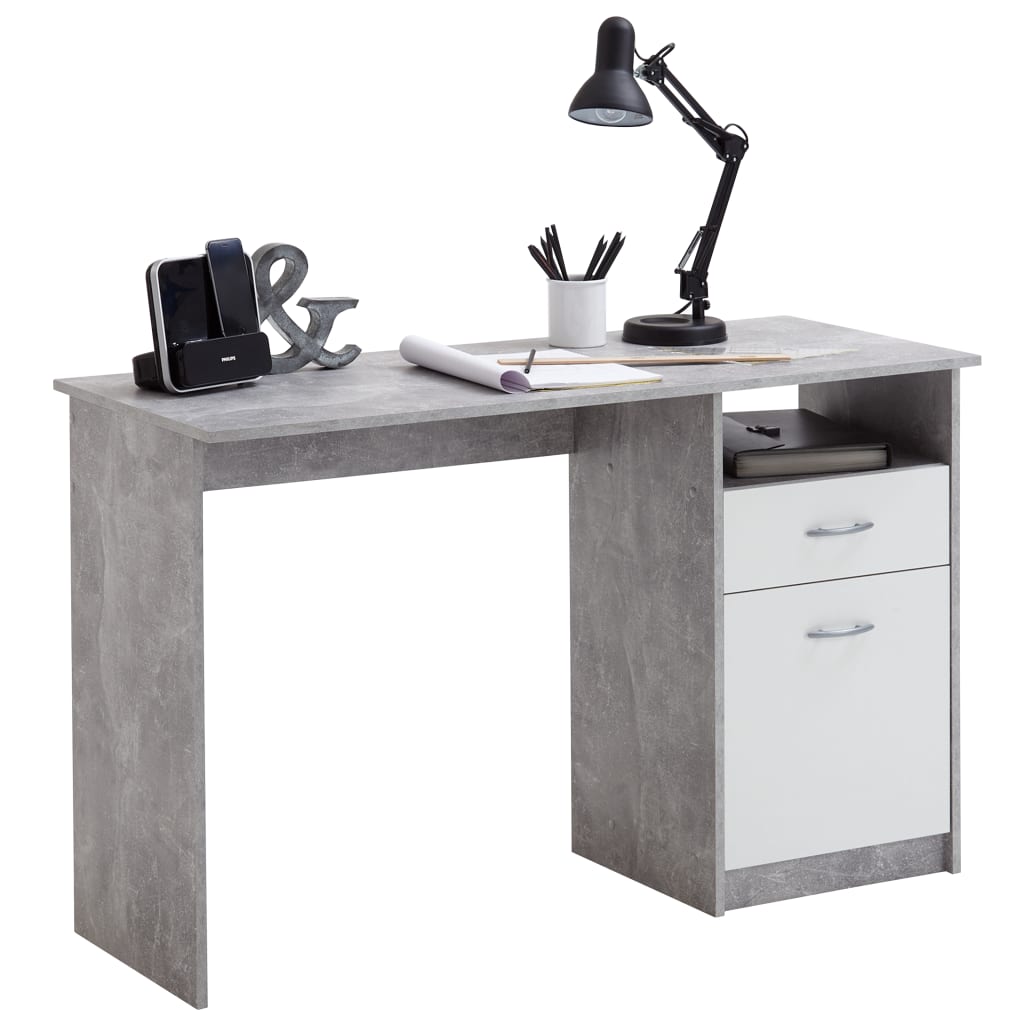FMD Rašomasis stalas su 1 stalčiumi, betono ir balta, 123x50x76,5cm