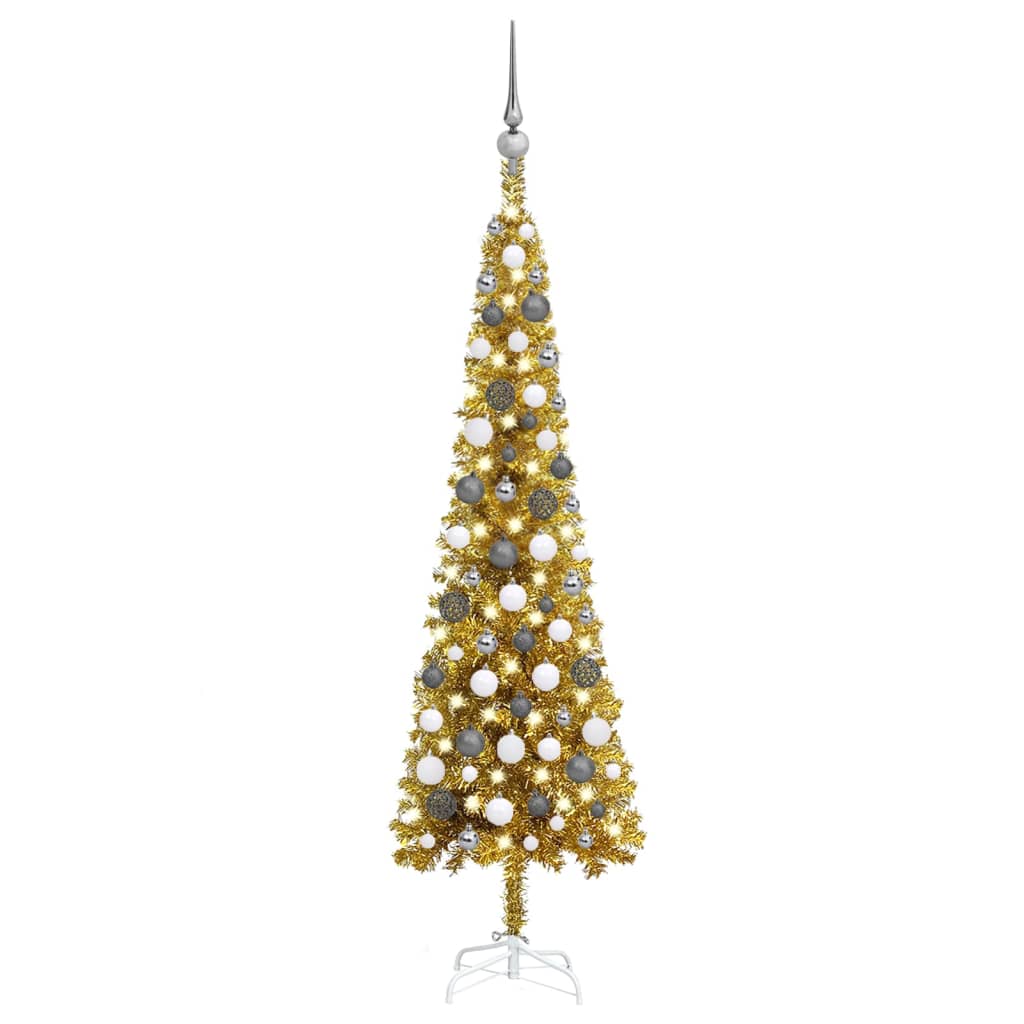 vidaXL Plona apšviesta Kalėdų eglutė su žaisliukais, auksinė, 120cm