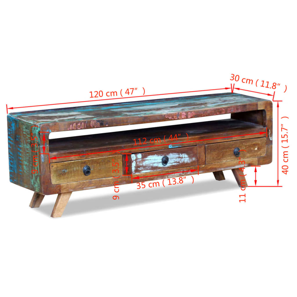 vidaXL TV staliukas su 3 stalčiais, perdirbtos medienos masyvas