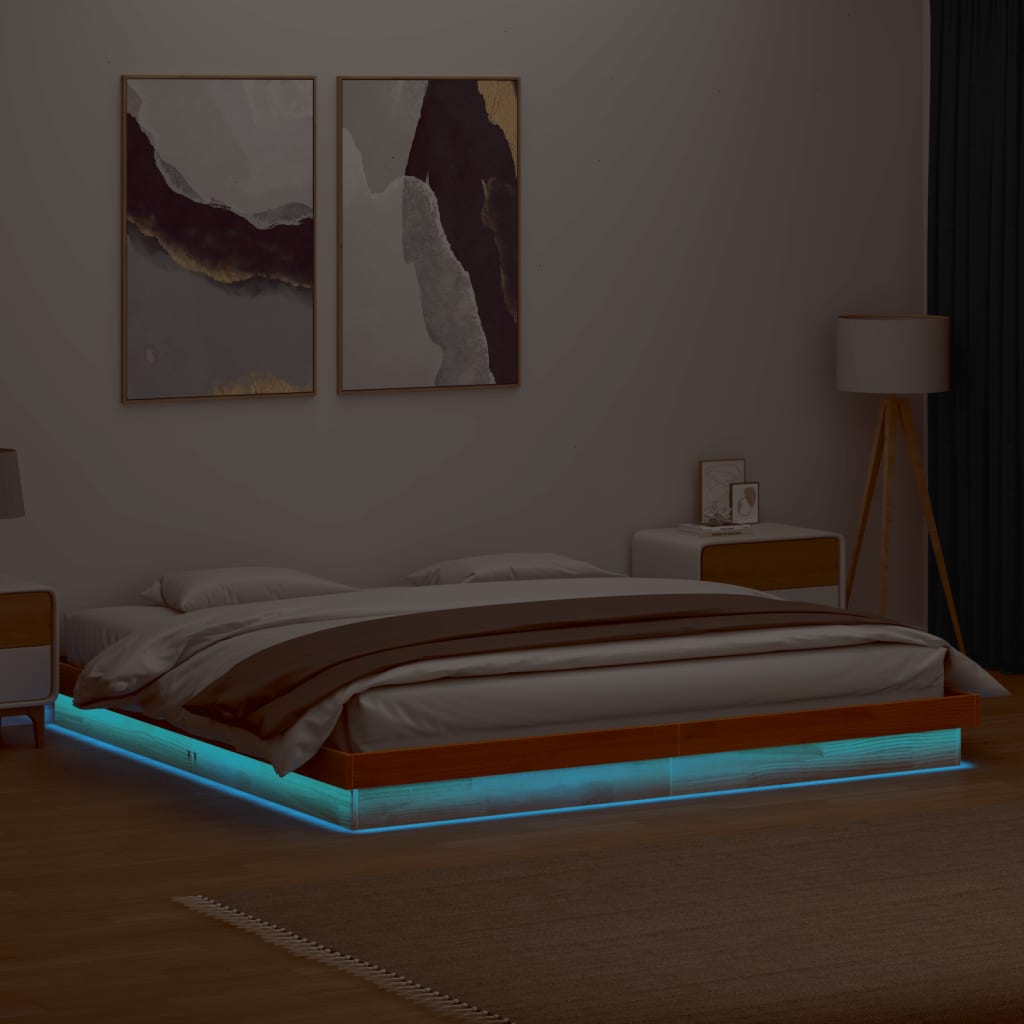 vidaXL LED lovos rėmas, vaško rudas, 180x200cm, pušies masyvas